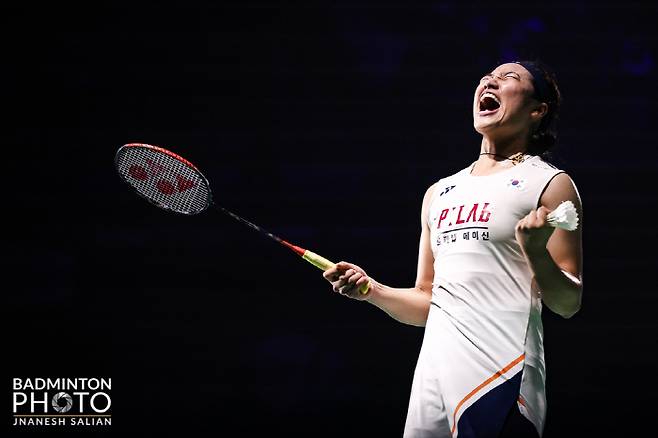 Ahn Se-young roars after winning the India Open held last week. Photo provided by Korea Badminton Association