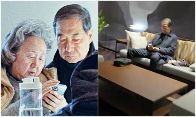 지난 14일 서울 성북구의 한 돈가스 가게에서 목격된 한덕수 전 국무총리(오른쪽)와 부인 최아영(왼쪽)씨. 오른쪽 사진은 14일 서울 중구 웨스틴 조선 호텔 피트니스 센터 입구에서 목격된 한덕수 전 국무총리. 최황 작가 페이스북, 유튜브 방송 ‘매불쇼’ 갈무리