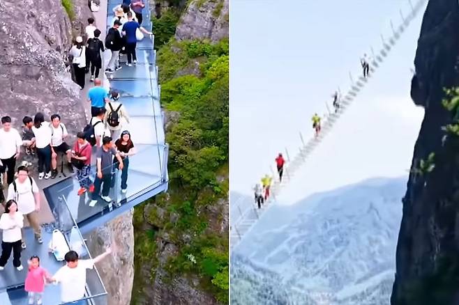온라인상에 확산한 가짜 ‘설악산 유리 다리’ 영상으로, 산과 산을 잇는 도로와 유리 다리를 건너는 탐방객 모습이 담겨 있다. 사진 유튜브 캡처