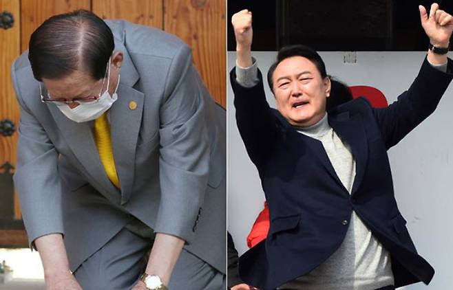 신천지 이만희 교주와 윤석열 전 대통령. 연합뉴스·윤창원 기자