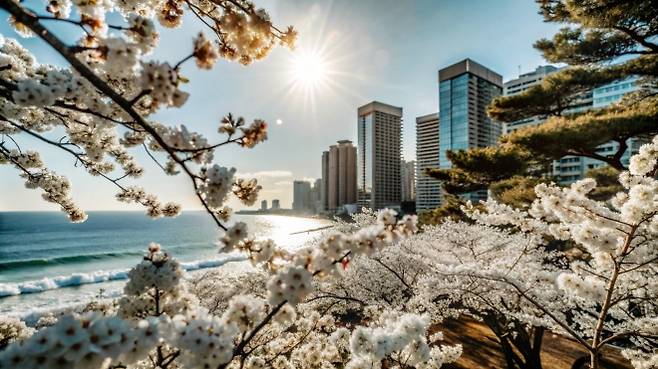 부산 해안 도심 일대에서 벚꽃과 바다, 도심 스카이라인이 어우러진 봄 풍경. 최근에는 이런 명소를 묶은 벚꽃 투어도 늘고 있다. 123rf