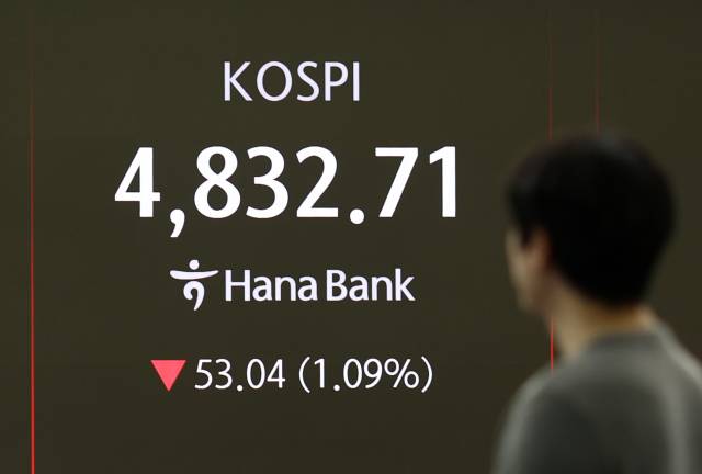 코스피가 하락 출발한 21일 하나은행 본점 딜링룸에서 딜러들이 업무를 보고 있다. 연합뉴스