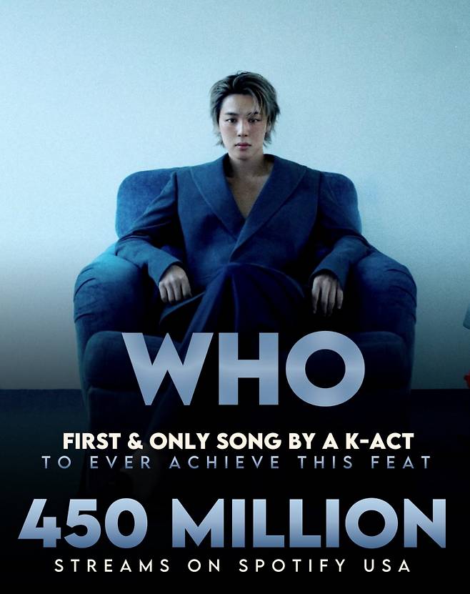 방탄소년단 지민 'Who', K팝 최초 美 스포티파이 4억 5000만 스트리밍 돌파