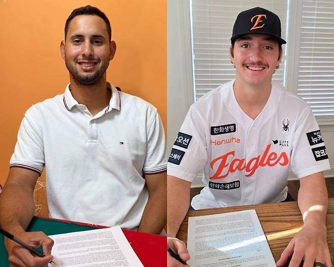 한화 새 외국인 투수 윌켈 에르난데스(왼쪽)와 오웬 화이트. 사진 | 한화 이글스