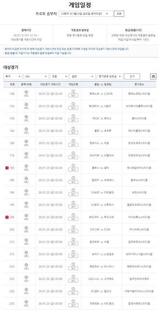 프로토 승부식 10회차 게임 일정.