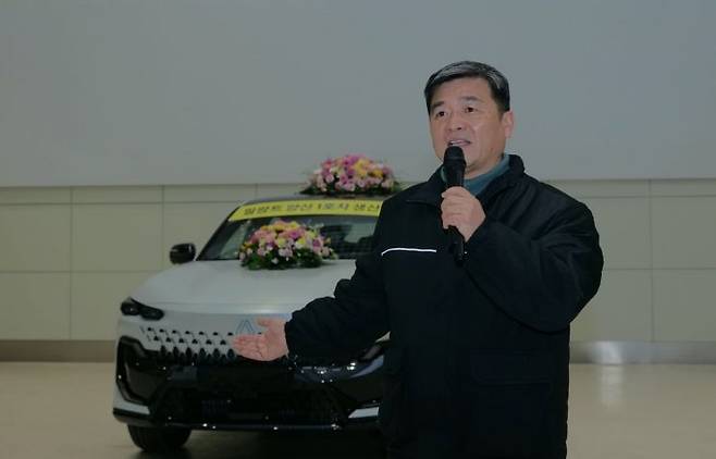 21일 르노코리아 부산공장에서 르노 필랑트(FILANTE) 1호차 생산 기념 행사를 갖고 김기석 제조본부장이 인사말을 하고 있다.