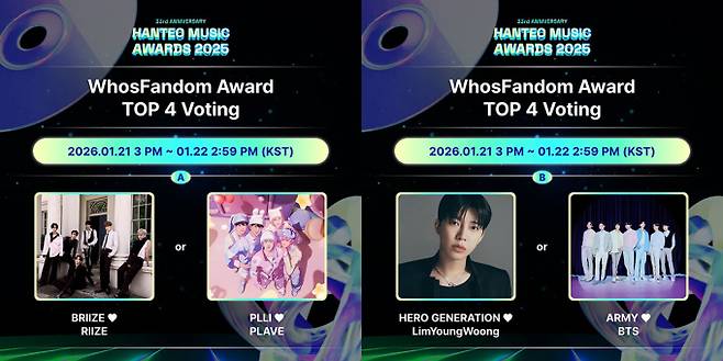 ‘한터뮤직어워즈’ 라이즈 vs 플레이브 - 임영웅 vs BTS (제공: 한터글로벌)