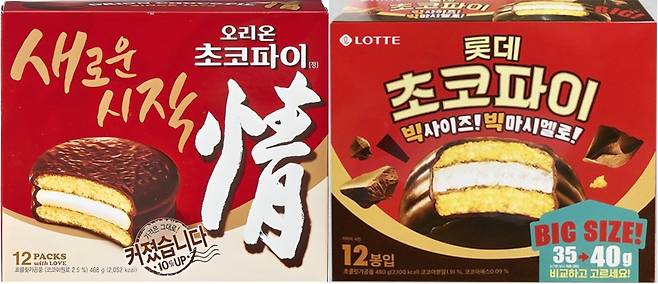 오리온 초코파이(왼쪽)와 롯데웰푸드 초코파이. /각 사 제공