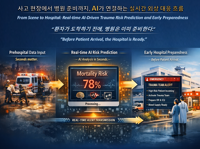경희대 생체의공학과 이진석 교수 연구팀이 병원 도착 전 환자 상태를 평가하는 인공지능 모델을 개발했다. 그림 설명. 실시간 외상 대응 흐름 개념도(사진=경희대)