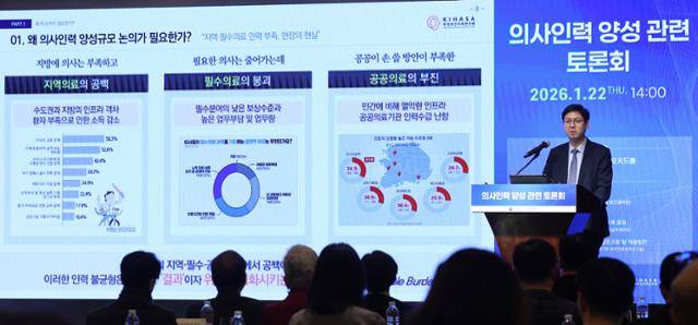 신현웅 한국보건사회연구원 보건의료정책연구실 실장이 22일 서울 웨스틴조선호텔에서 열린 의사인력 양성 관련 토론회에서 발제하고 있다. 뉴스1