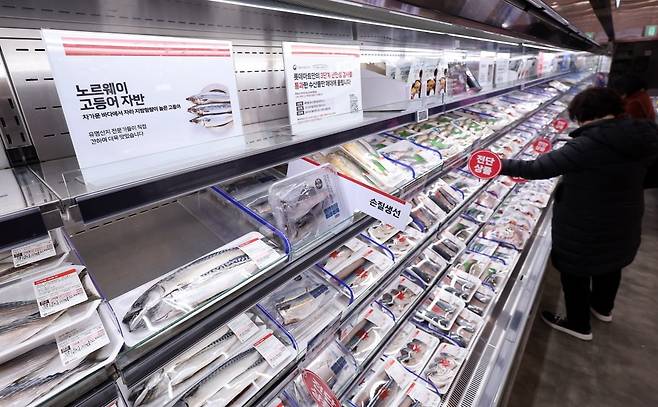 지난 7일 서울의 한 대형마트에 고등어를 비롯한 생선이 진열돼 있다. 정부는 지난 8일부터 고등어를 최대 60% 할인 지원하고, 수입선 다변화를 추진한다는 계획이다. 노르웨이산 고등어 어획량 감소와 환율 여파로 수입산 고등어 가격이 가파르게 오른 데 따른 조치다.  /뉴스1