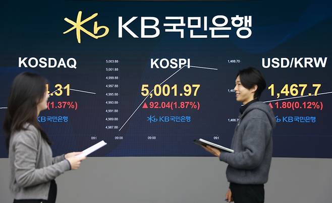 22일 개장 후 코스피가 사상 처음으로 5000선을 돌파하자 KB국민은행 딜링룸 직원들이 환하게 웃고 있다. KB국민은행 제공.