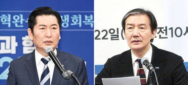 정청래 더불어민주당 대표가 22일 국회에서 조국혁신당에 합당을 제안하는 긴급 기자회견을 진행하고 있다(왼쪽 사진). 조국 혁신당 대표는 40분 뒤 전북 전주시 당사에서 진행한 현장 최고위원회의에서 “국민의 마음과 뜻이 가리키는 방향에 따라 결정할 것”이라고 호응했다.   이병주 기자, 연합뉴스