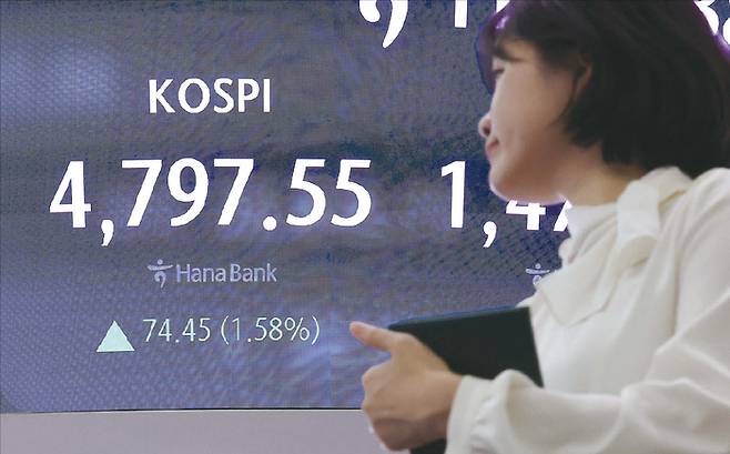 코스피가 열흘 연속 상승하며 4800대 문턱에서 마감한 지난 1월 15일 서울 중구 하나은행 딜링룸 현황판에 코스피지수가 표시돼 있다. (연합뉴스)