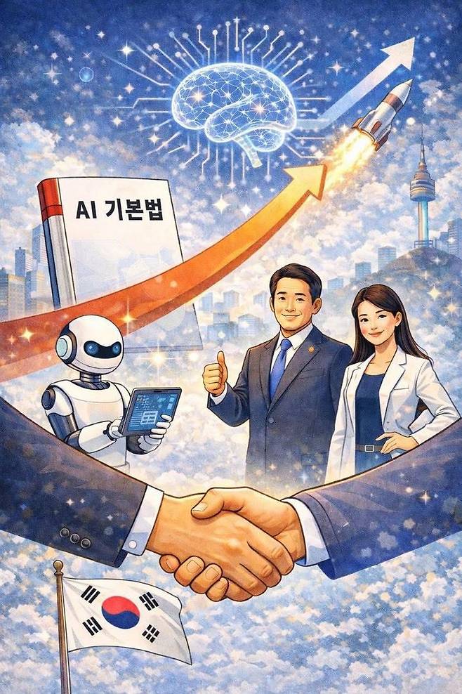 [서울=뉴시스] 배경훈 부총리 겸 과기정통부 장관이 22일 시행되는 AI 기본법과 관련해 "규제를 위한 법이 아니라 신뢰를 기반으로 한 성장 토대를 만들기 위한 법"이라고 밝혔다. 배 부총리 페이스북에 게재된 사진으로 AI가 생성했다. (사진=배경훈 부총리 페이스북) *재판매 및 DB 금지