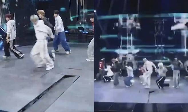 아이덴티티 무대 중 바닥 일부 LED가 어긋나는 사고가 발생했다. 사진| Mnet
