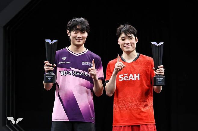 WTT 스타 컨텐더 도하 남자복식 우승을 합작한 장우진(오른쪽)과 조대성 [WTT 인스타그램 캡처. 재판매 및 DB 금지]