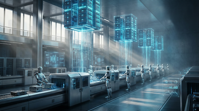 올해 AI 산업의 성패는 ‘좋은 모델을 도입했는가’를 넘어 ‘추론 비용을 감당할 수 있는가’ ‘에이전트를 표준·평가·거버넌스로 운영하는가’ ‘현장 업무까지 확장해 성과를 증명할 수 있는가’ 등의 질문에 답을 내 놓는지의 여부다. 이는 곧 제조 현장의 AI 로봇 도입과 같은 피지컬 AI 증명의 형태로 표현되고 있다. (이미지=젠스파크로 생성)