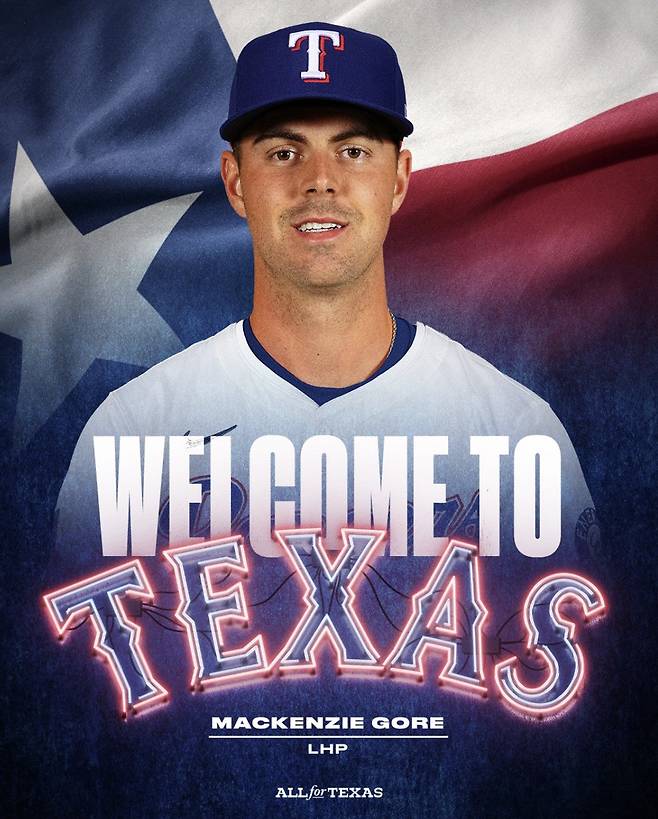 텍사스 레인저스가 워싱턴 내셔널스와의 트레이드를 통해 3선발감인 맥켄지 고어를 영입했다. 사진=텍사스 레인저스 구단 공식 X 계정