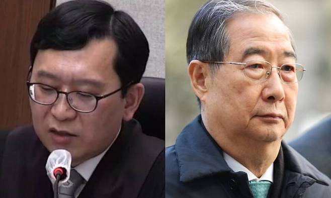 지난 21일 서울중앙지법에서 열린 한덕수 전 국무총리에 대한 내란중요임무종사 혐의 재판 선고 공판에서 선고를 내리고 있는 이진관 부장판사(왼쪽)와 이날 선고 공판에 출석하고 있는 한 전 총리. 서울중앙지법 제공, 연합뉴스