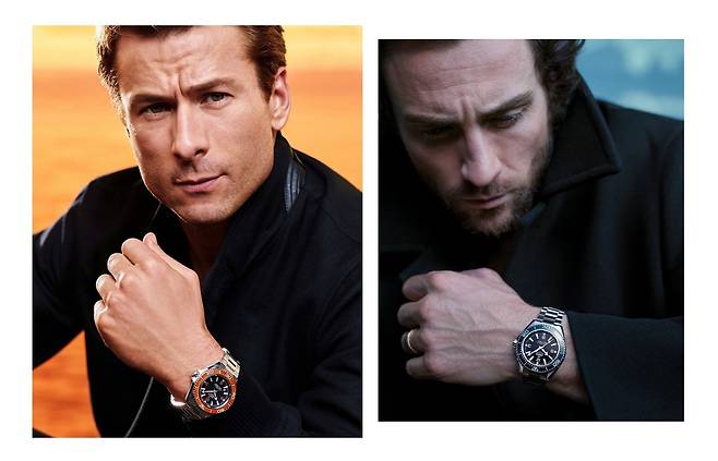 플래닛 오션의 앰배서더로 발탁된 미국 배우 글렌 파월(왼쪽)과 영국 배우 아론 테일러 존슨. 사진 오메가