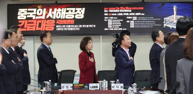 ▲2025년 3월 25일 서울 여의도 국회 의원회관에서 열린 '중국의 서해공정 긴급대응 국회토론회'에서 국민의힘 권영세 비상대책위원장과 나경원 의원 등 참석자들이 국기에 대한 경례를 하고 있다. ⓒ연합뉴스