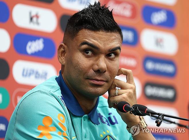 카제미루. (서울=연합뉴스) 김성민 기자 = 브라질 축구 국가대표팀 카제미루가 9일 서울월드컵경기장에서 열린 공식 기자회견에 참석해 있다. 2025.10.9 ksm7976@yna.co.kr