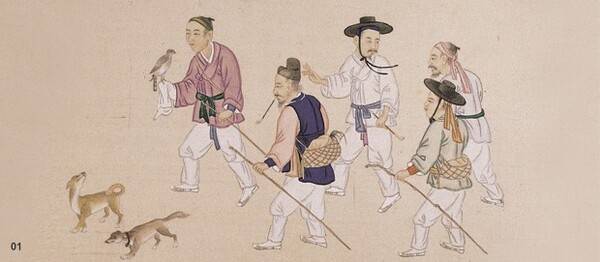 김준근의 '매사냥', 수알치(왼쪽), 털이꾼(앞쪽 두 사람), 배꾼 등이 매사냥에 나서는 장면이 묘사돼 있다. 실시학사 고전문학연구회