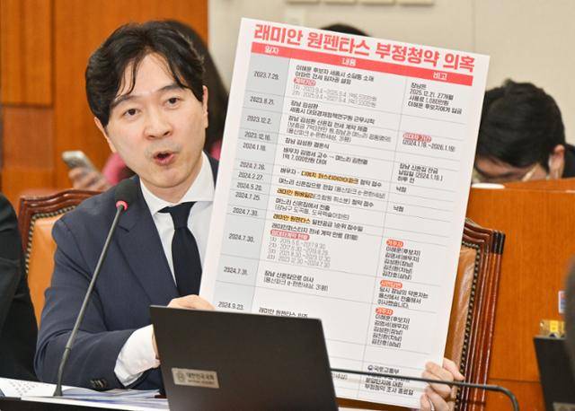 23일 국회에서 열린 이혜훈 기획예산처 장관 후보자 인사청문회 중 박성훈 국민의힘 의원이 이 후보자 레미안 원펜타스 부정청약 의혹에 대한 시각물을 들고 질의하고 있다. 최주연 기자