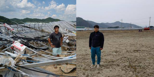 지난해 7월 24일, 청년 농부 유창윤(33·왼쪽 사진)씨가 수해로 처참하게 무너진 딸기 재배동 한가운데 서 있다. 3년 전 아버지를 따라 귀농한 그는 2023년 정부 ‘청년창업농’에 선발돼 이곳에서 부푼 꿈을 키웠다. 오른쪽 사진은 올해 1월 19일, 황무지로 변한 같은 자리에 선 유씨. 막대한 복구비와 대출 규제에 가로막혀 제때 재건 공사를 시작하지 못하고 있다. 산청=하상윤 기자