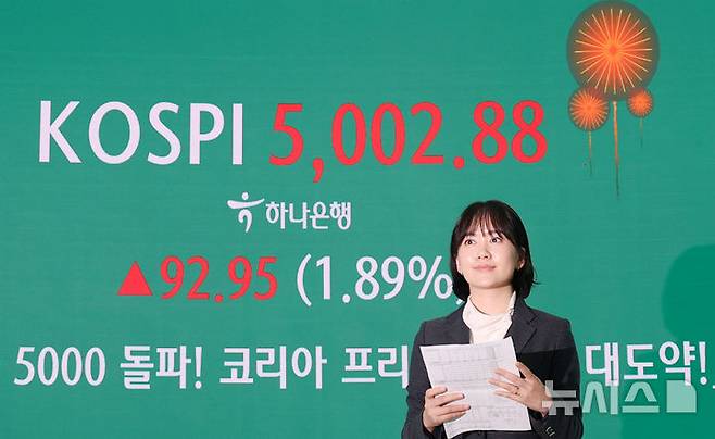 [서울=뉴시스] 김진아 기자 = 코스피가 장중 5019.54까지 오른 22일 서울 중구 하나은행 딜링룸 전광판에 코스피 5000돌파를 축하하는 화면이 나오고 있다. 코스피는 전 거래일(4909.93)보다 42.60포인트(0.87%) 오른 4952.53에, 코스닥 지수는 전 거래일(951.29)보다 19.06포인트(2.00%) 상승한 970.35에 거래를 마쳤다. 2026.01.22. bluesoda@newsis.com