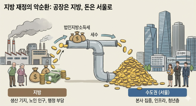 지방의 생산 시설에서 발생한 세수가 파이프를 통해 수도권 본사로 빨려 들어가는 모습을