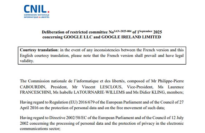 2025년 9월 프랑스 개인정보보호위원회(CNIL)의 구글 심의 결과 보고서 캡처