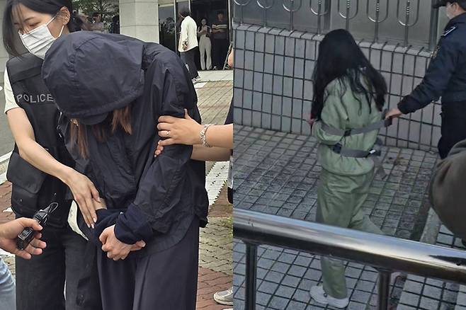 시험기간 중 학교에 무단 침입한 혐의 등을 받는 학부모 A씨가 지난해 7월15일 대구지법 안동지원에서 구속 전 피의자 심문(영장실질심사)을 받고 나오는 모습.&nbsp;오른쪽은&nbsp;학부모와 공모해 시험지를 유출한 혐의로 기소된 기간제 교사 B씨가 지난 14일 선고 공판을 위해 대구지법 안동지청 법정으로 향하고 있다. 연합뉴스·뉴스1