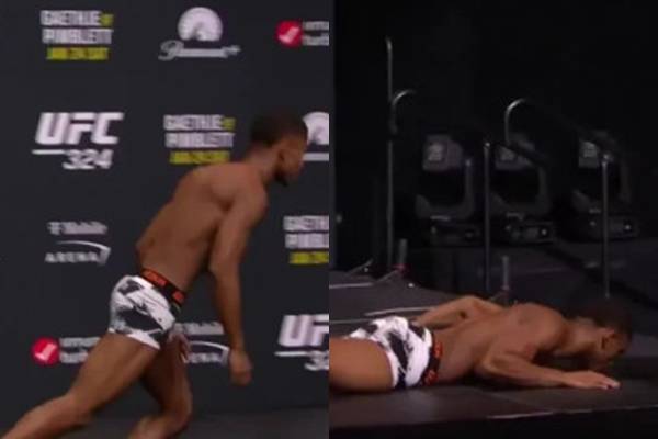 25일(한국시간) 미국 라스베이거스에서 열린 UFC 324 공식 계체량에서 카메론 스모더맨이 계체를 마치고 의식을 잃고 쓰러졌다. /사진=더선 갈무리