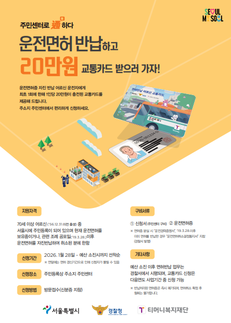 운전면허 자진반납 어르신 교통카드 지원사업 포스터. 서울시 제공