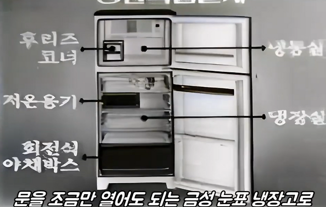 국내 최초 가정용 냉장고인 LG전자(당시 금성사) ‘눈표 냉장고’.[유튜브 채널 샤과쌤]