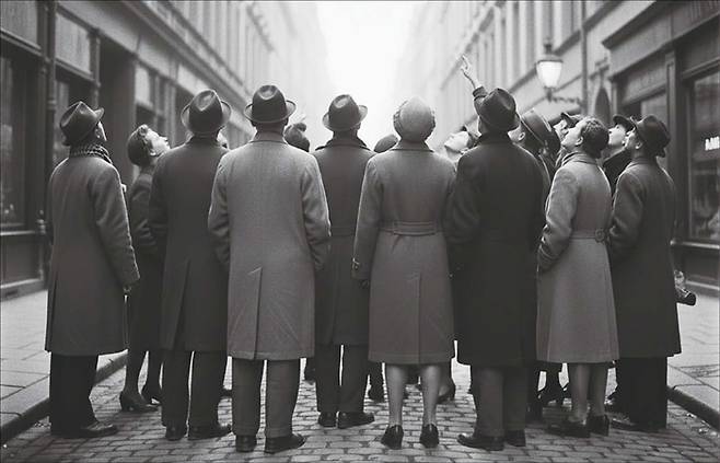 다섯 사람이 모여 아무 일도 일어나지 않은 하늘을 올려다보면, 거리의 거의 모든 사람들이 따라서 위를 올려다본다.