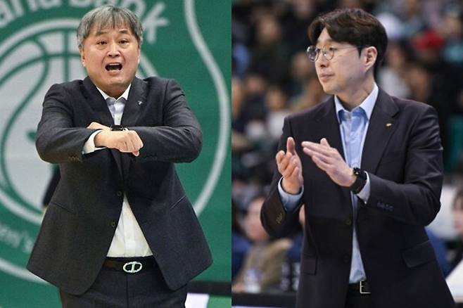 왼쪽부터 하나은행 이상범 감독, KB스타즈 김완수 감독. WKBL 제공