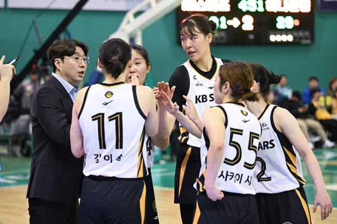 작전 지시하는 KB 김완수 감독. WKBL 제공