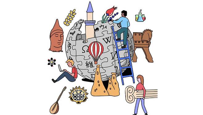 온라인 백과사전인 위키백과(위키피디아·Wikipedia)가 1월15일 출범 25돌을 기념해 실은 그림. 위키백과는 최근 생성형 인공지능(AI)의 등장으로 위기와 도전을 마주했다. 위키피디아 갈무리