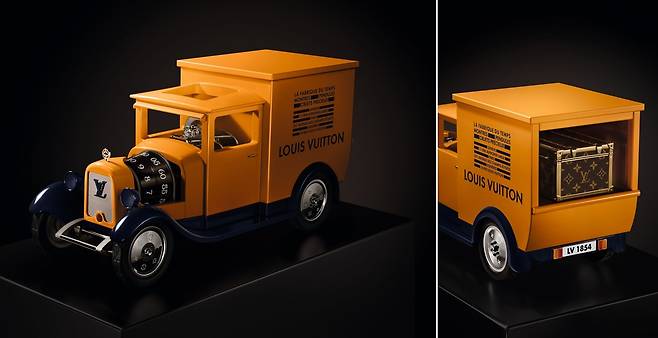 레페 1839와 협업해 만든 루이 비통의 탁상 시계 카미오네트. 루이 비통 공방에서 만든 제품을 고객에게 배송하던 트럭을 재해석해 디자인한 모델이다. 218개의 부품으로 이뤄진 무브먼트로 시간을 알린다. 사진 LVMH