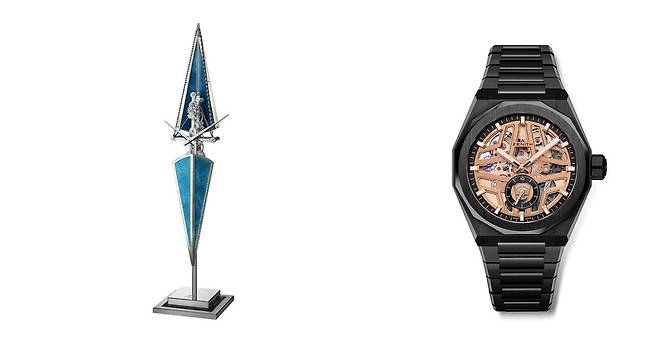 레페 1839의 라 레가타 블루 호라이즌(왼쪽)은 경주용 보트에서 영감을 받은 탁상 시계다. 제니스는 검은색 세라믹 케이스와 브레이슬릿으로 데피 스카이라인 스켈레톤을 올해 주력 모델로 내놨다. 사진 LVMH