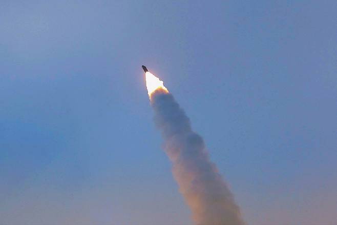 A hypersonic missile is seen launched near Pyongyang on Jan. 5. (KCNA via Yonhap)
