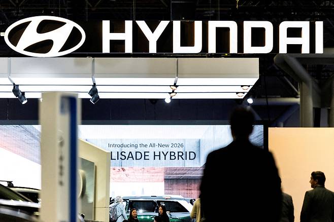 Hyundai signage is seen at the New York International Auto Show Press Preview in New York City on April 16, 2025. [REUTERS/YONHAP]
