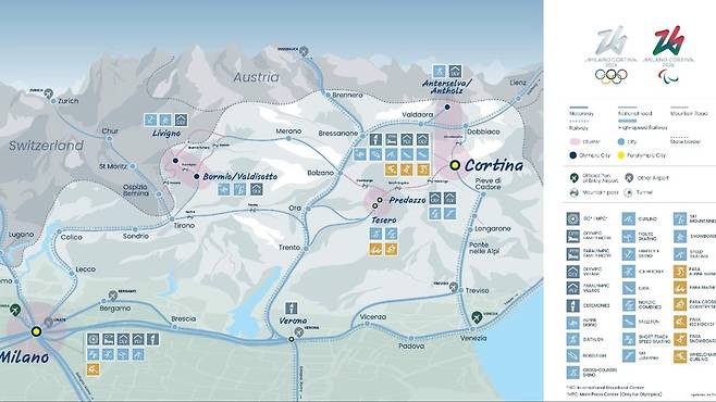 2026 밀라노·코르티나담페초 동계 올림픽 대회 개최 장소 지도 [국제올림픽위원회 화면캡처]