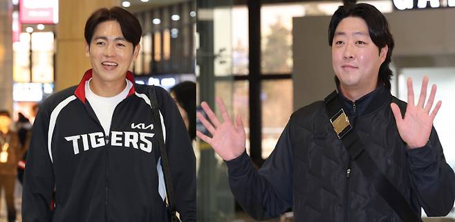 KIA 이태양(왼쪽)과 김범수가 지난 23일 김포공항 출국장에서 인사하고 있다. KIA 타이거즈 제공