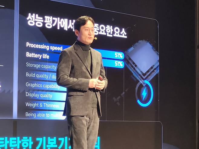 이민철 삼성전자 갤럭시에코비즈팀장(부사장)이 28일 서울 강남구 삼성동 웨스틴 서울 파르나스에서 열린 '2026 인텔 AI PC 쇼케이스'에서 신제품 소개를 하고 있다./사진=도다솔 기자