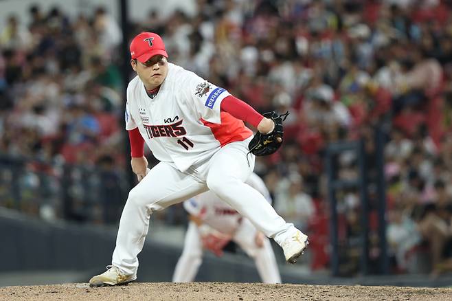 KIA 조상우가 20일 광주-기아 챔피언스 필드에서 열린 2025 KBO리그 NC전에서 역투하고 있다. 사진 | KIA 타이거즈