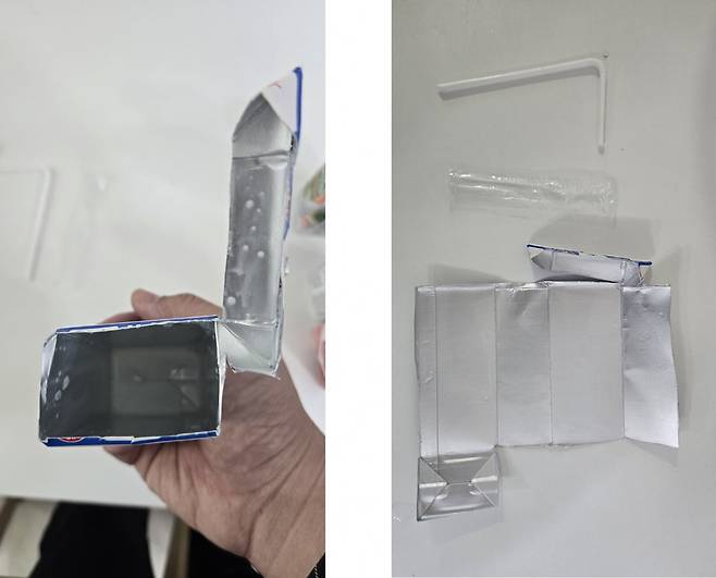 내부를 물로 세척하기 전 멸균팩(왼쪽)과 비닐과 빨대를 제거한 뒤 깨끗이 씻어 펼쳐놓은 멸균팩. 은정진 기자